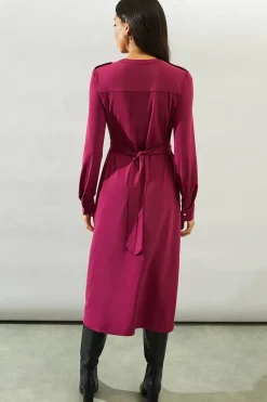 Jersey Collarless Belted Midi Dress