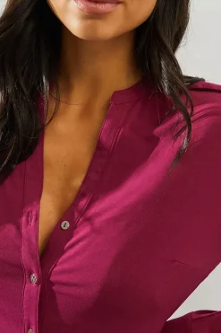 Jersey Collarless Belted Midi Dress