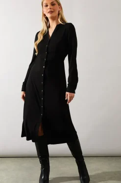 Jersey Collarless Belted Midi Dress