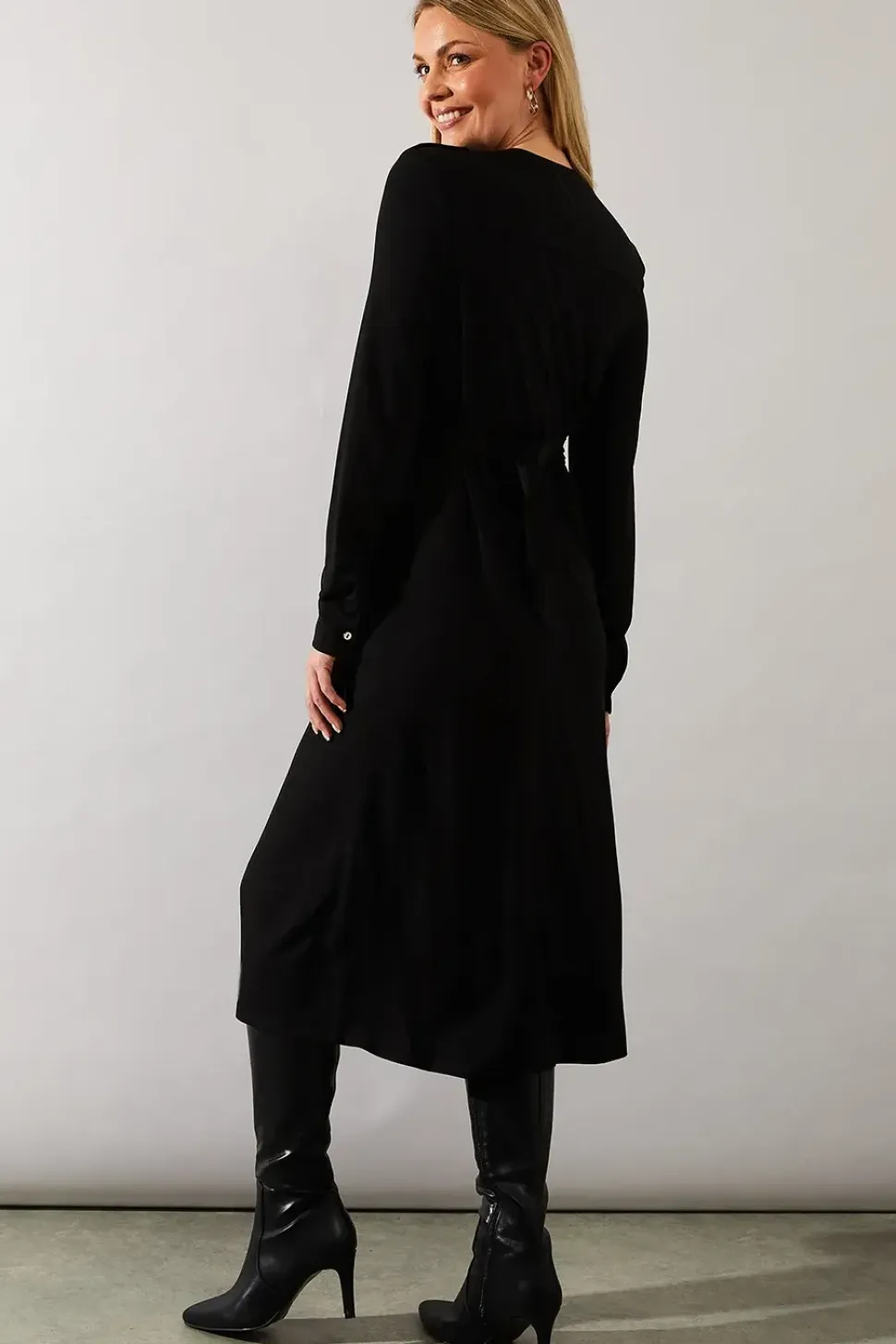 Jersey Collarless Belted Midi Dress
