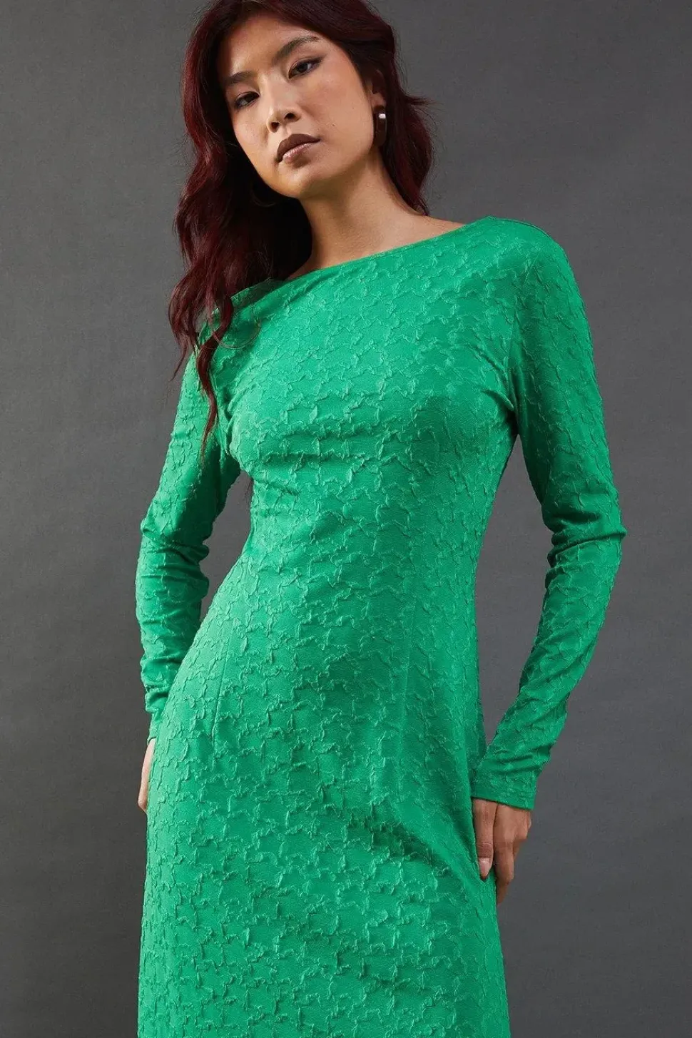 Jersey Jacquard Slash Neck Scoop Back Midi Dress