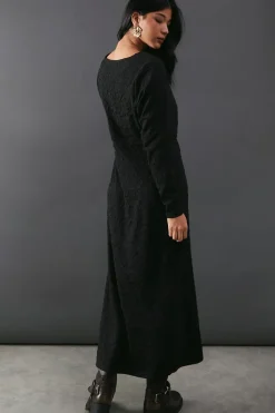 Jersey Jacquard Tie Front Fitted Midi Dress