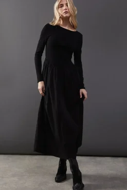 Jersey Taffeta Mix Drop Waist Midi Dress
