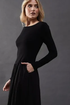 Jersey Taffeta Mix Drop Waist Midi Dress