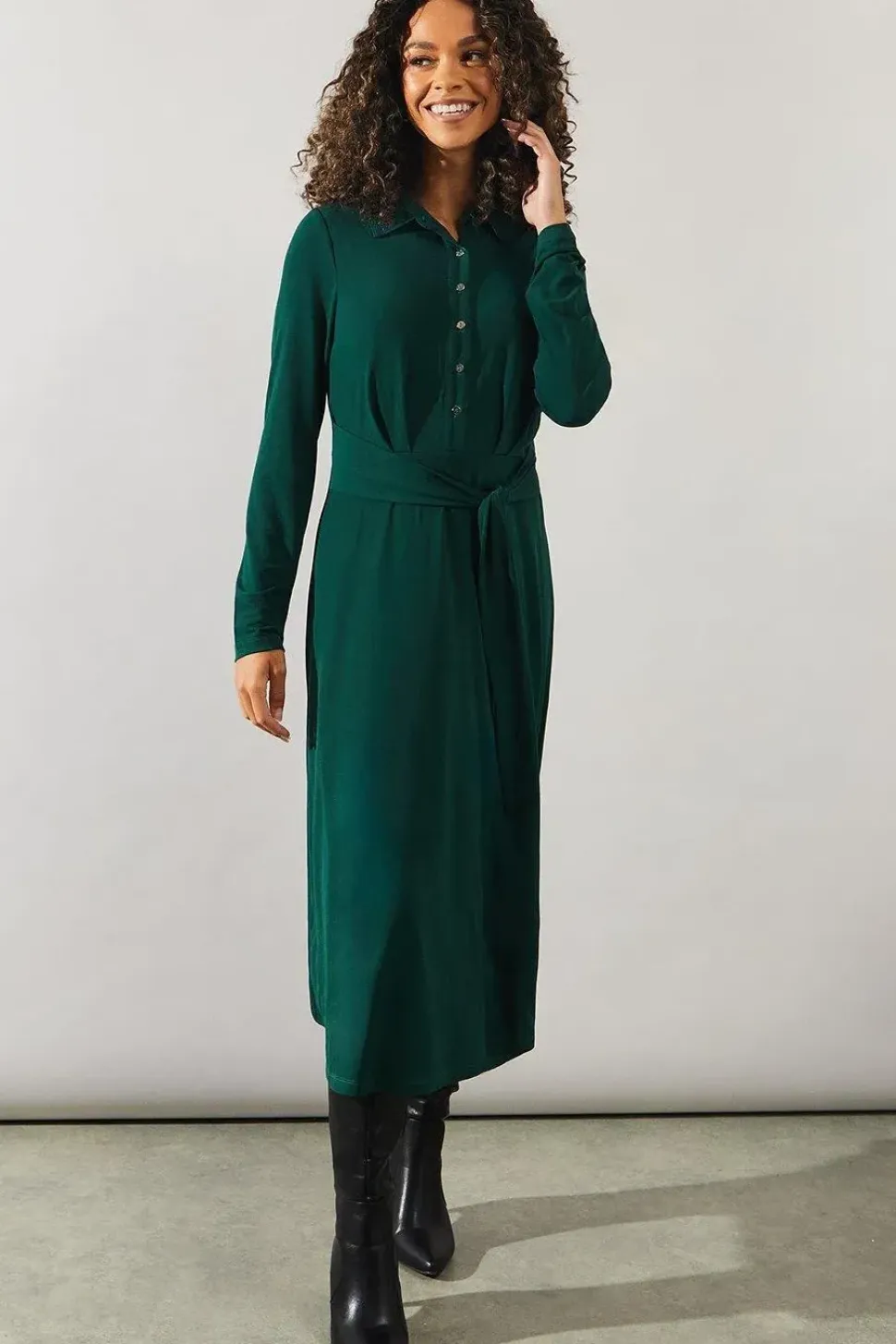 Jersey Tie Front Collared Midi Dress
