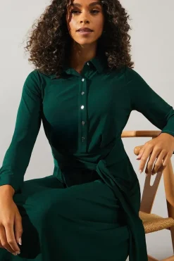 Jersey Tie Front Collared Midi Dress