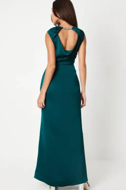Jewel Trim Cowl Back Satin Maxi Dress