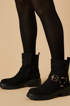 Joline Faux Suede Harness Detail Chunky Biker Ankle Boot