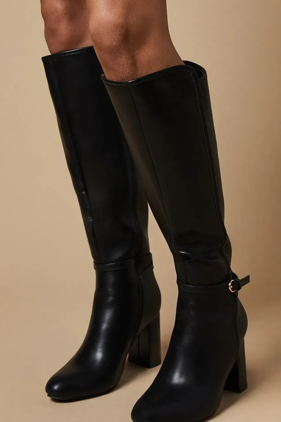 Jordyn High Block Heel Buckle Detail Knee High Boots