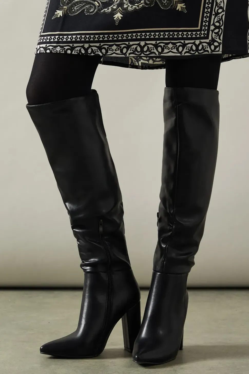 Kandi Faux Leather High Block Heel Pointed Over The Knee Boot