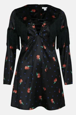Kara Rose Satin Cross Front Fringe Detail Mini Dress