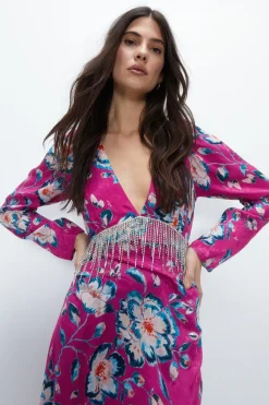 Kara Rose Satin Diamante Fringe Maxi Dress
