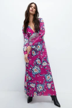 Kara Rose Satin Diamante Fringe Maxi Dress