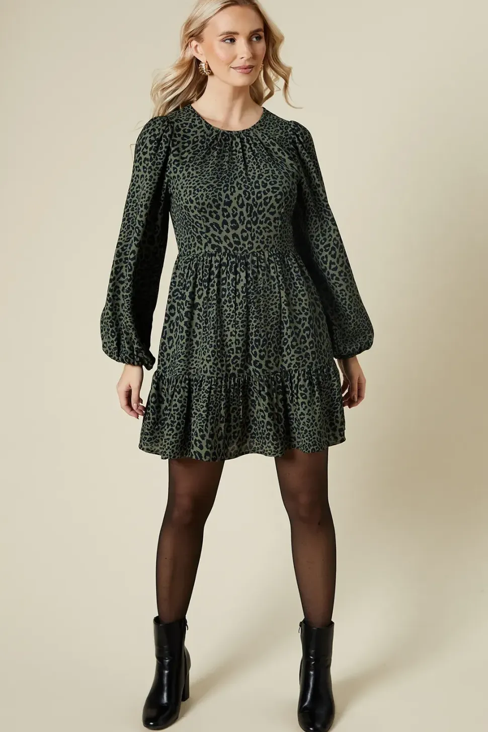 Khaki Animal Long Sleeve Tiered Mini Dress