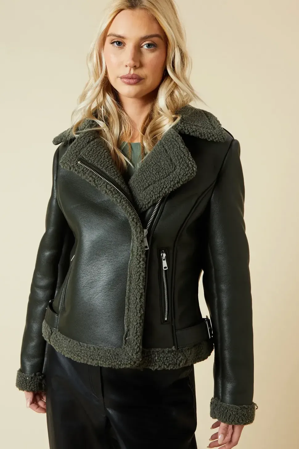 Khaki Faux Leather Short Aviator Jacket