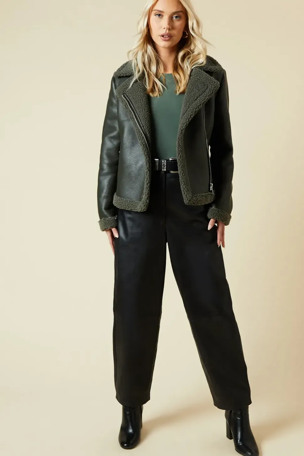 Khaki Faux Leather Short Aviator Jacket