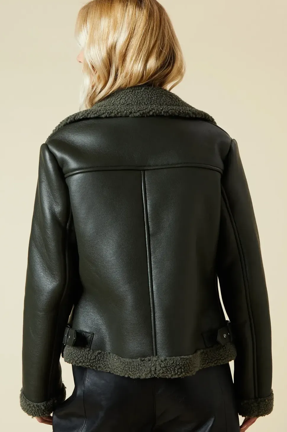 Khaki Faux Leather Short Aviator Jacket