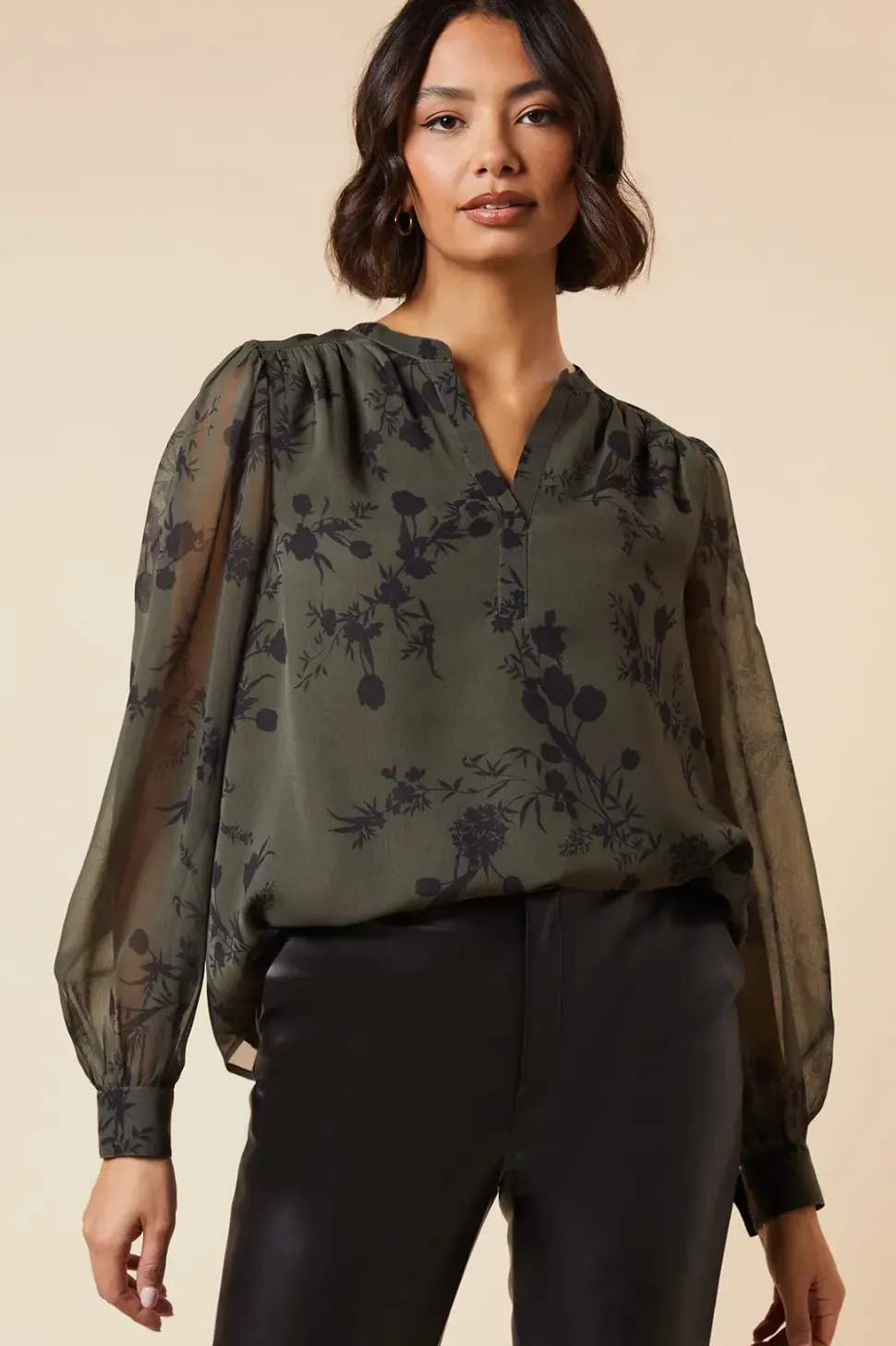 Khaki Floral Chiffon Overhead Shirt