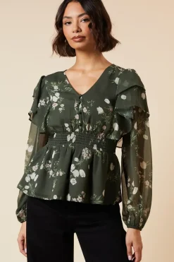Khaki Floral Shirred Waist Button Front Chiffon Long Sleeve Blouse