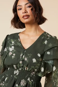 Khaki Floral Shirred Waist Button Front Chiffon Long Sleeve Blouse