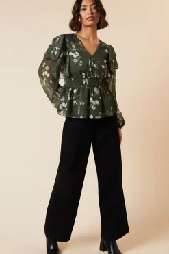 Khaki Floral Shirred Waist Button Front Chiffon Long Sleeve Blouse