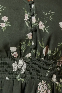 Khaki Floral Shirred Waist Button Front Chiffon Long Sleeve Blouse