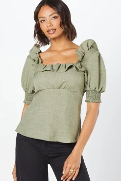 Khaki Ruffle Neck Blouse