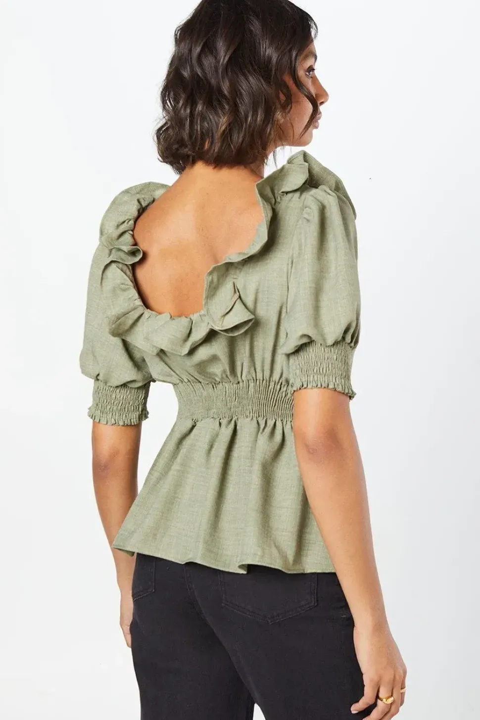 Khaki Ruffle Neck Blouse
