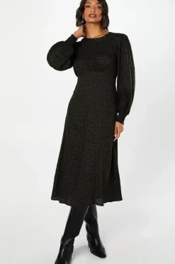 Khaki Spot Shirred Cuff Midi Dress