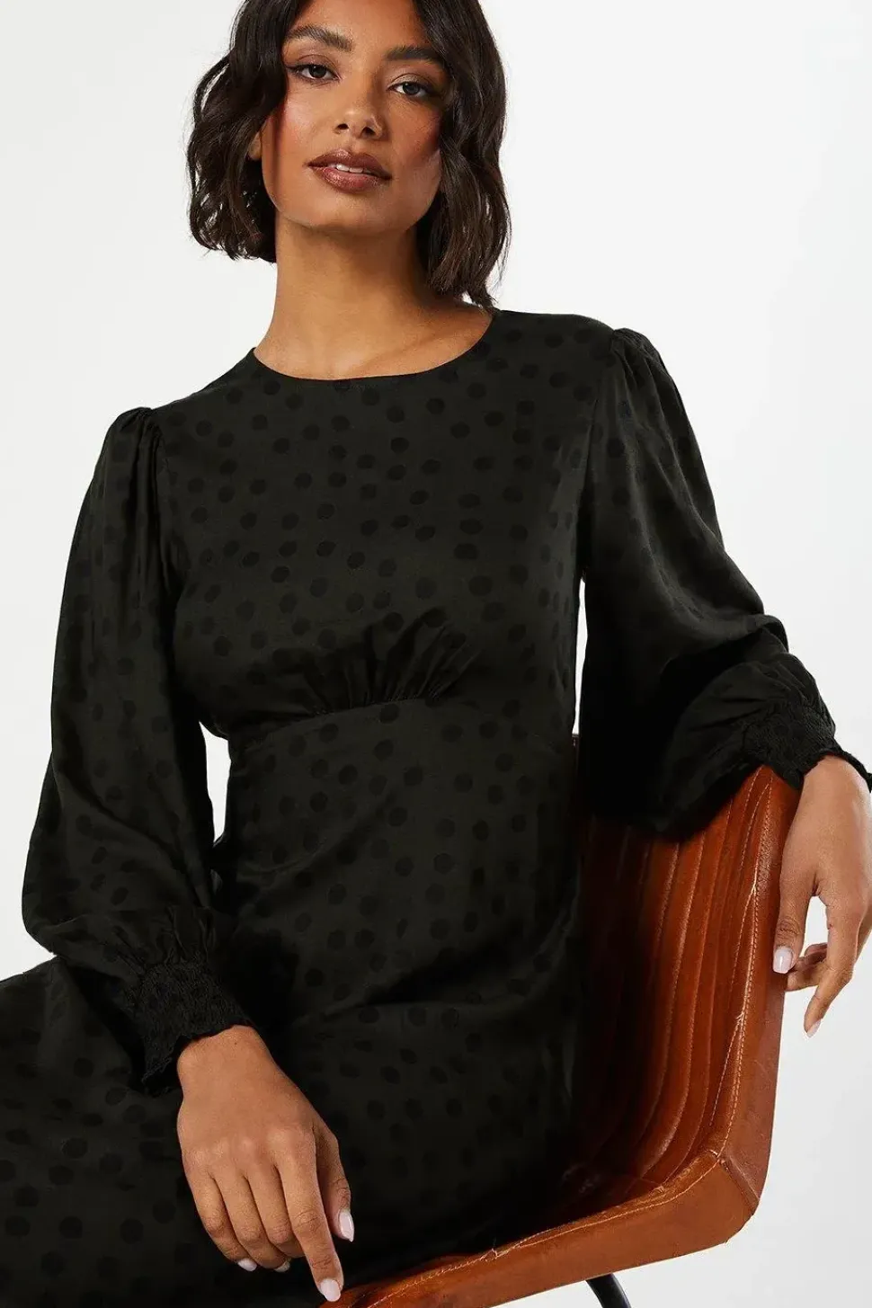Khaki Spot Shirred Cuff Midi Dress