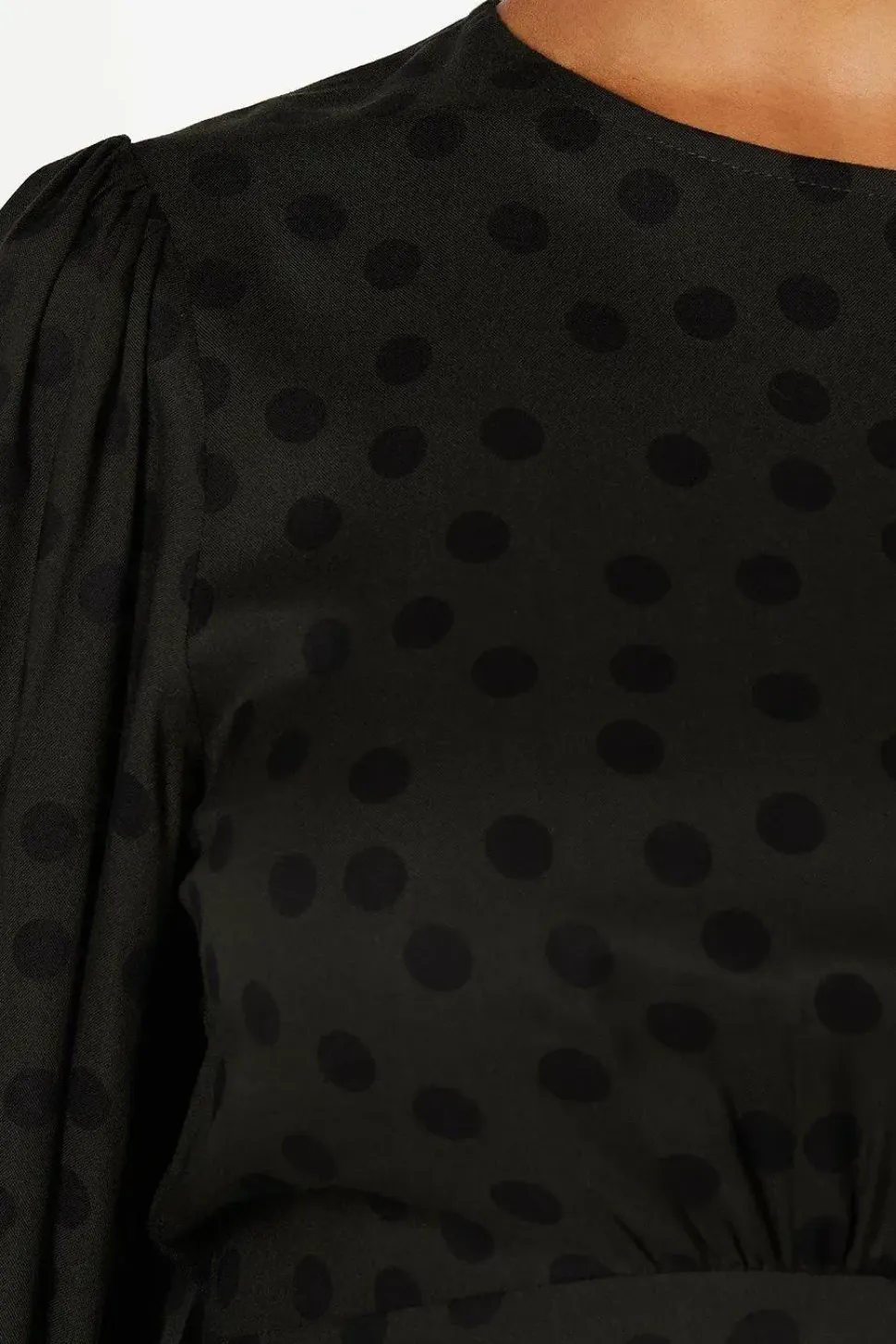 Khaki Spot Shirred Cuff Midi Dress