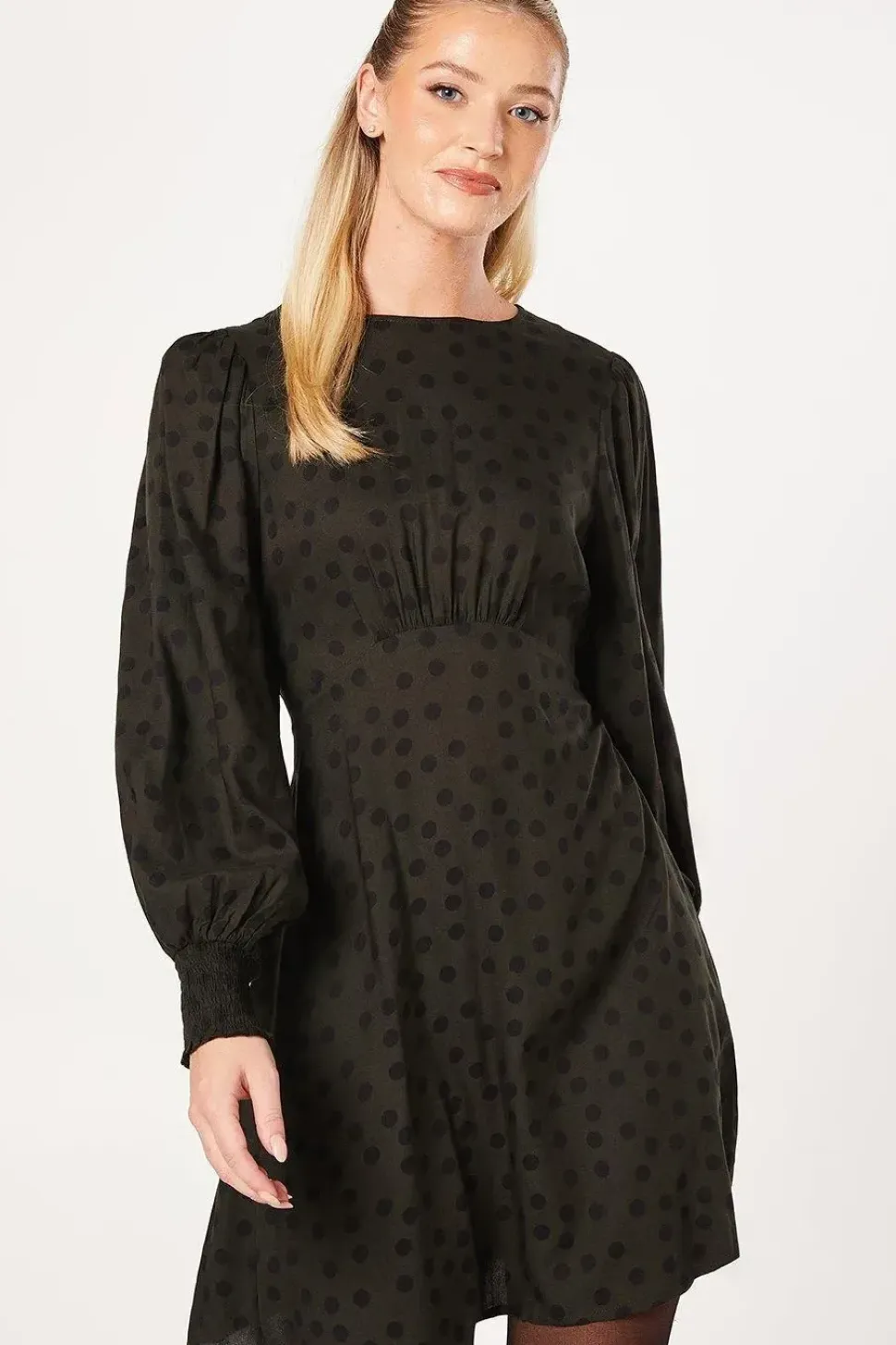 Khaki Spot Shirred Cuff Mini Dress