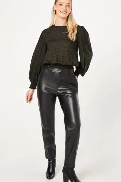 Khaki Spot Shirred Hem Long Sleeve Blouse