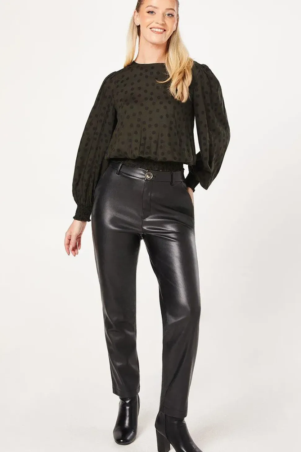 Khaki Spot Shirred Hem Long Sleeve Blouse