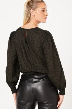 Khaki Spot Shirred Hem Long Sleeve Blouse