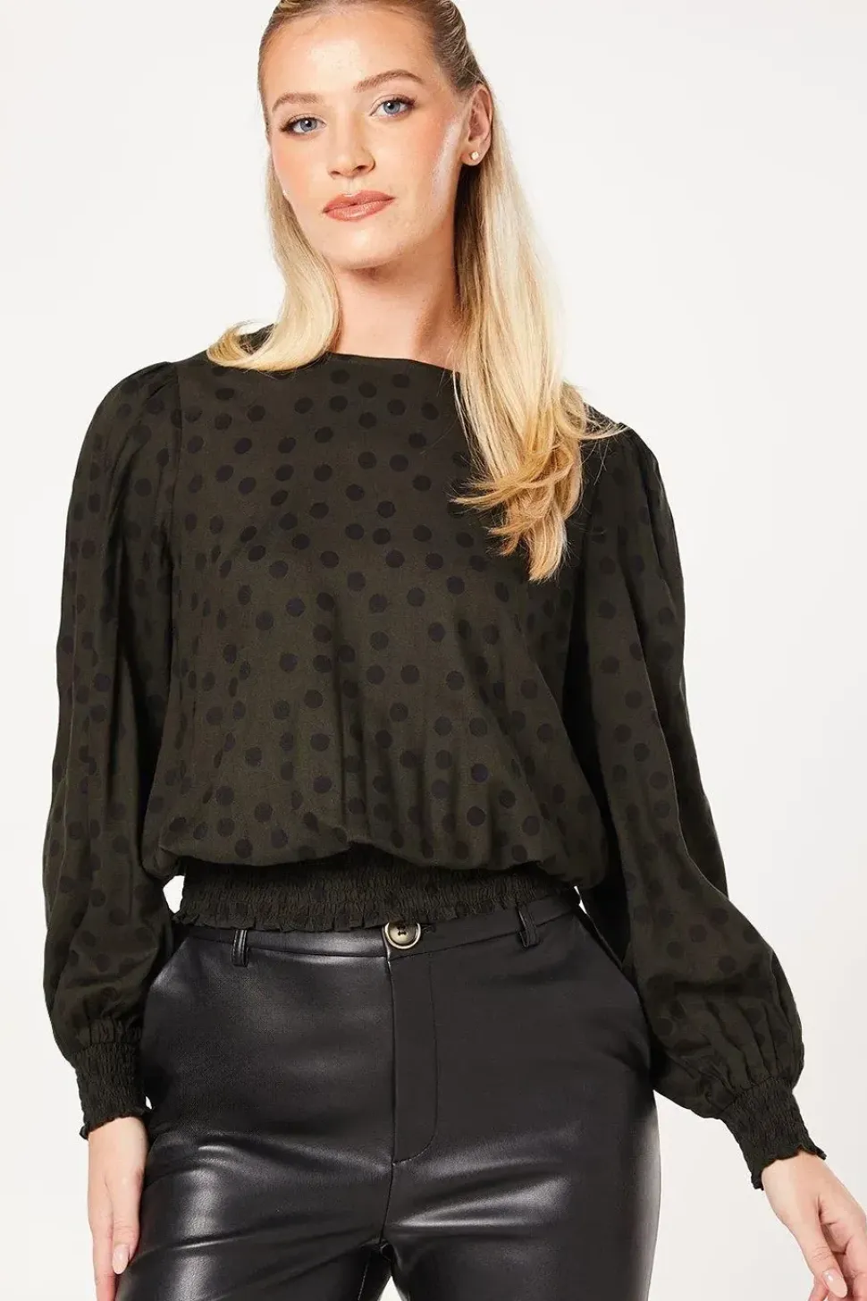 Khaki Spot Shirred Hem Long Sleeve Blouse