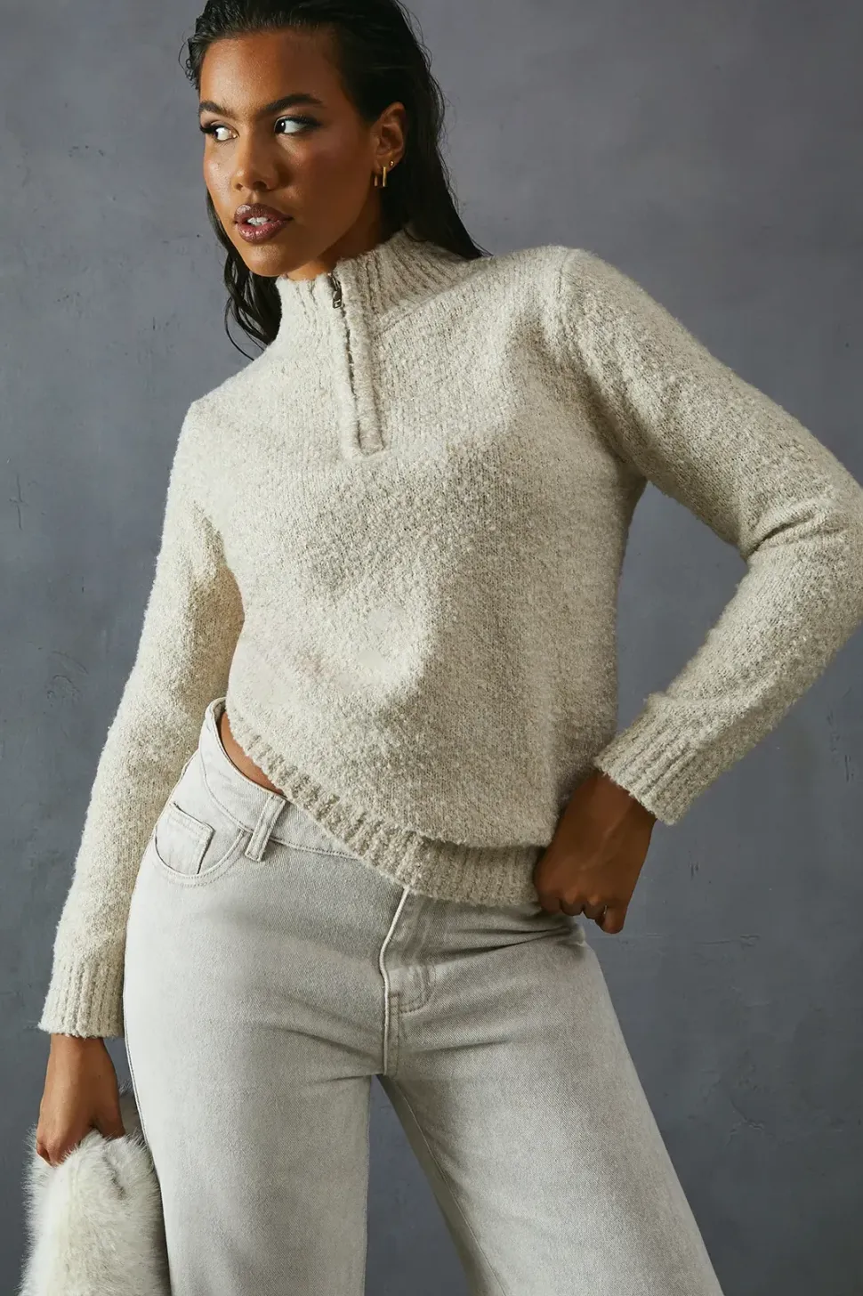 Knitted Boucle Zip Up Neck Oversized Jumper