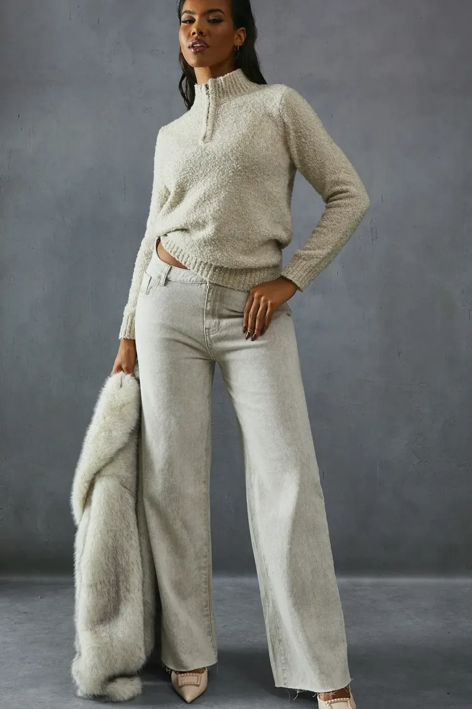 Knitted Boucle Zip Up Neck Oversized Jumper