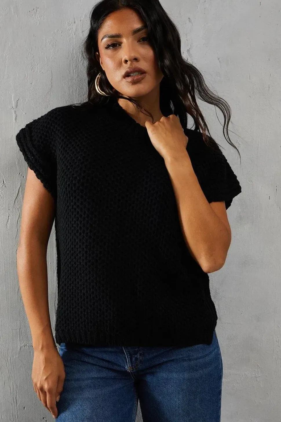 Knitted Cap Sleeve Dipped Hem Jumper