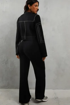 Knitted Crew Neck Contrast Seam Gold Button Detail Cardigan