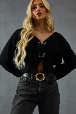Knitted Gold Trim Detail Batwing Cardigan