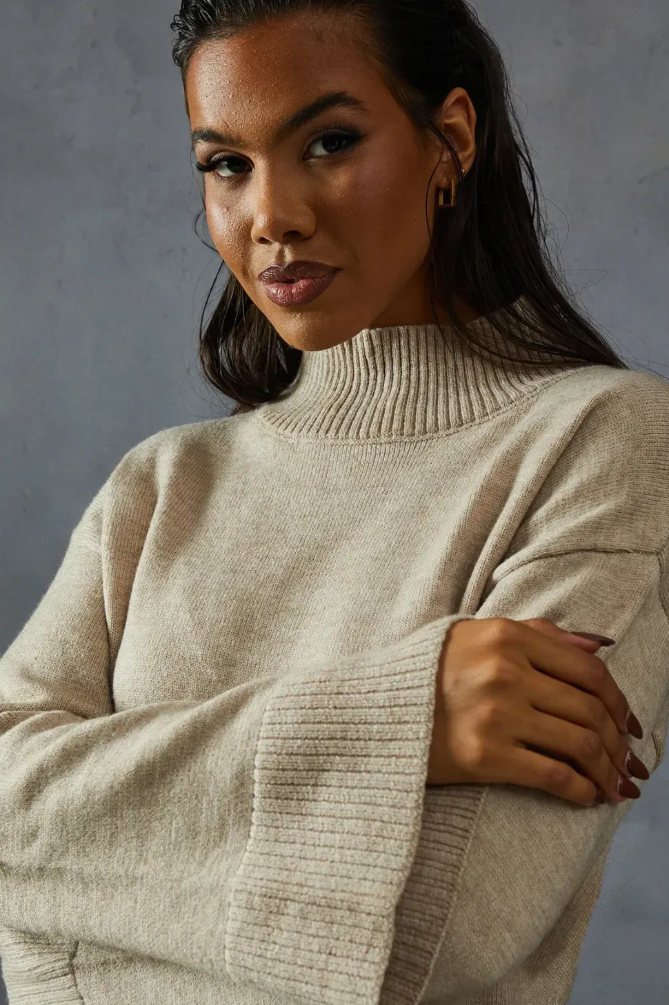Knitted High Neck Wide Sleeve Jumper