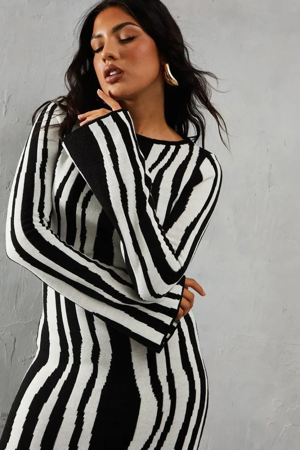 Knitted Printed Flute Sleeve Midaxi Dress