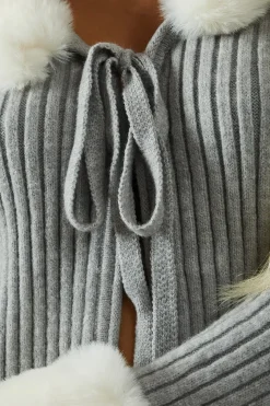 Knitted Rib Fur Trim Tie Detail Front Jumper