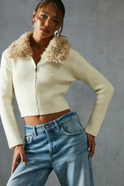 Knitted Rib Teddy Fur Collar Long Sleeve Zip Up Jumper