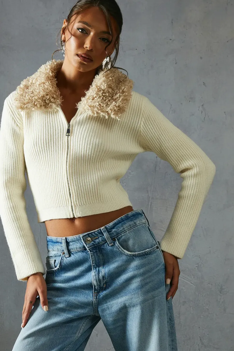 Knitted Rib Teddy Fur Collar Long Sleeve Zip Up Jumper