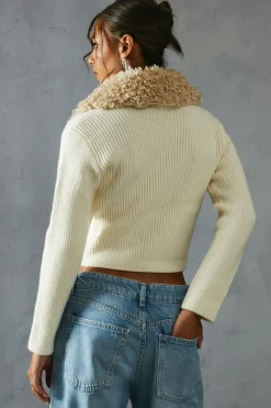 Knitted Rib Teddy Fur Collar Long Sleeve Zip Up Jumper