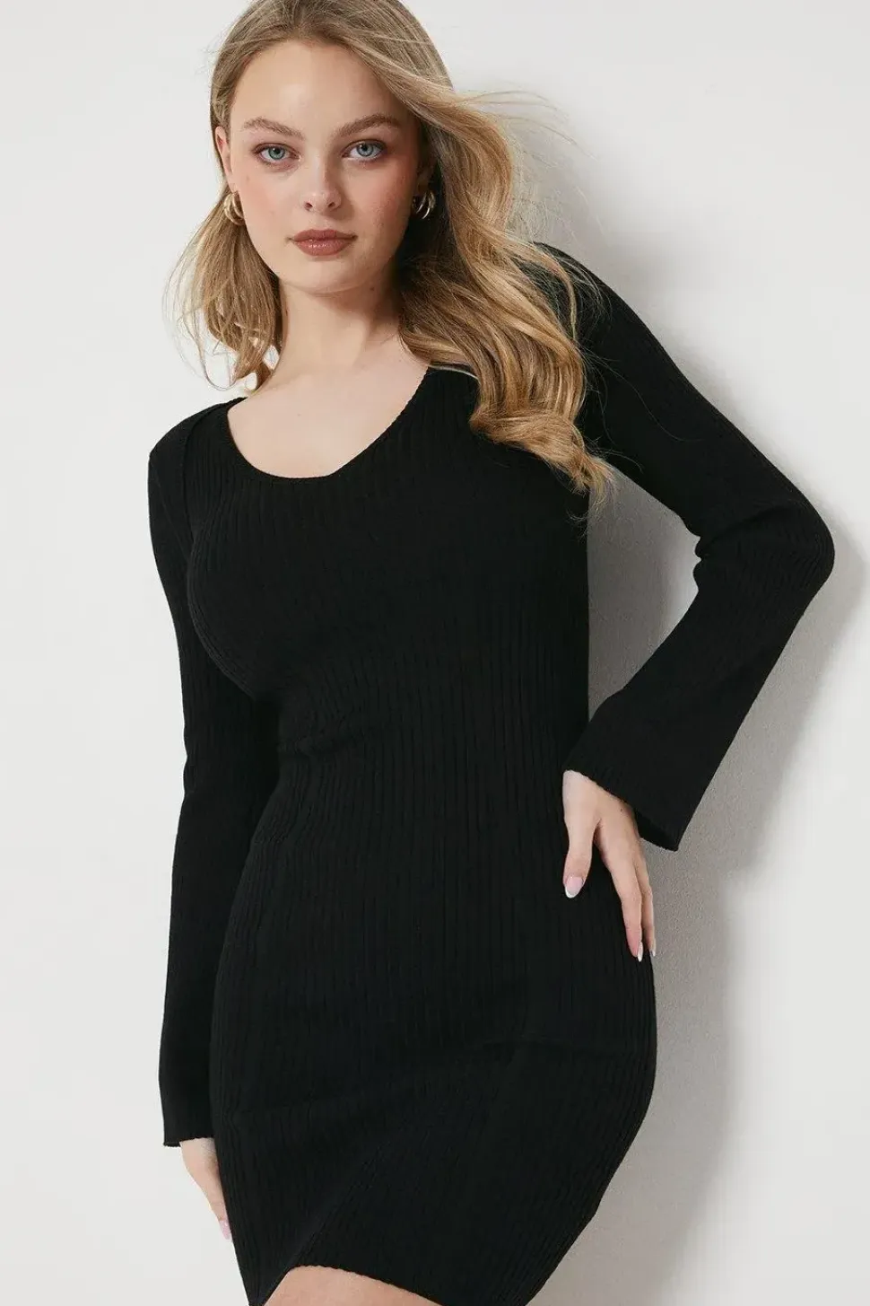 Knitted Rib V Neck Mini Dress