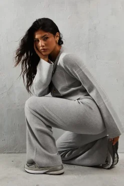 Knitted Rib Waistband Wide Leg Trouser