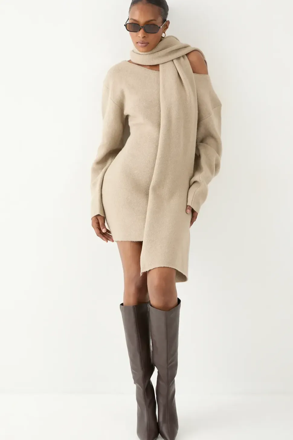 Knitted Slash Neck Scarf Detail Mini Dress